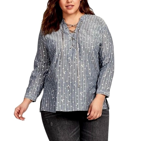 JOHNNY WAS WORKSHOP Stars & Stripes Lace-Up Top Gray Chambray Boho - Picture 3 of 13